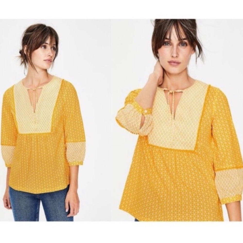 Boden Yellow Smocked Yoke Boho Blouse